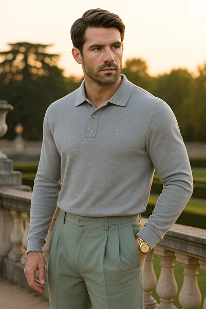 Maccali Men's Casual Polo Neck Long Sleeve Gray T-Shirt