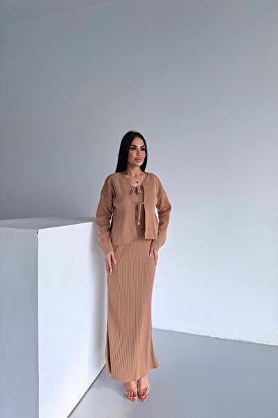 LİLA İSTANBUL V-Neck Tie-Up Double Knit Camel Set (S/M/L/Xl Compatible Standard Size)