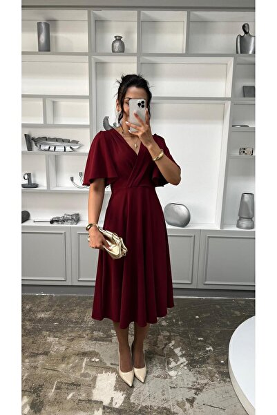 Nida Boutique Double-Breasted Collar Wide Sleeve Flared Midi Length Knitted Crepe Dress