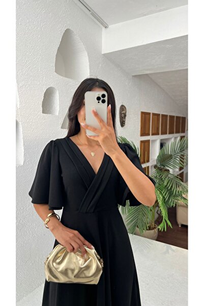 Nida Boutique Double-Breasted Collar Wide Sleeve Flared Midi Length Knitted Crepe Dress