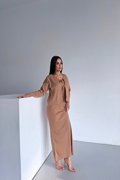 LİLA İSTANBUL V-Neck Tie-Up Double Knit Camel Set (S/M/L/Xl Compatible Standard Size)