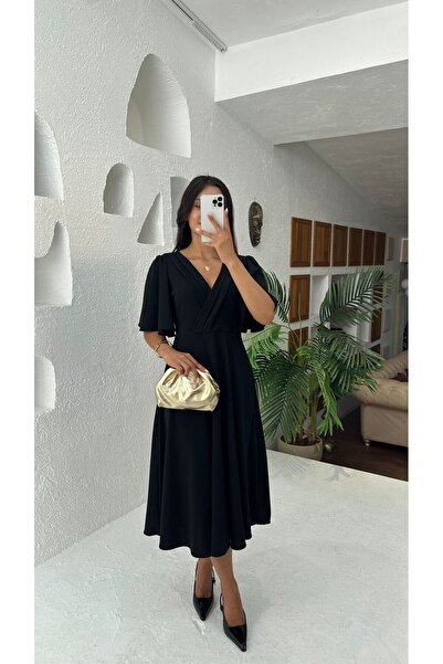 Nida Boutique Double-Breasted Collar Wide Sleeve Flared Midi Length Knitted Crepe Dress