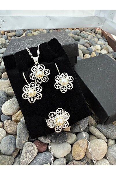 Midyat Artuklu Gümüşçülük El Yapımı Çiçek Motifli Gümüş Telkari Set