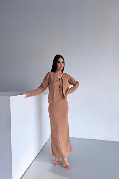 LİLA İSTANBUL V-Neck Tie-Up Double Knit Camel Set (S/M/L/Xl Compatible Standard Size)