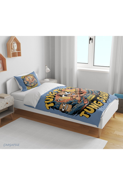 Erays Home Tung Tung Sahur Patterned 3D Digital Printed Single Size Duvet Cover Set Without Sheets Sleeping Set