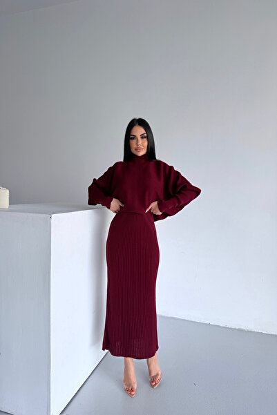 LİLA İSTANBUL Rochie tricotată dublă cu gât roșu (mărime standard S/M/L/XL)