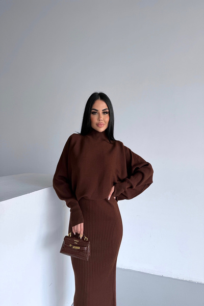 LİLA İSTANBUL Καφέ φόρεμα με ζιβάγκο διπλό πλεκτό (S/M/L/XL Τυπικό μέγεθος)