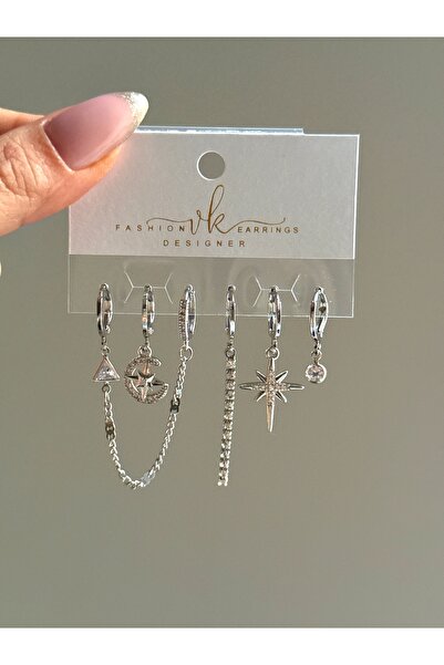 YOUES JEWELRY ÇELİK KADIN 6'LI KÜPE SETİ GÜMÜŞ RENK SİLVER