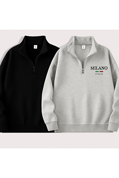 MARKATEM Women's Mock Neck Half Zipper Fleece-Lined Two Thread Sweatshirt 2-Piece Set Gray and Black