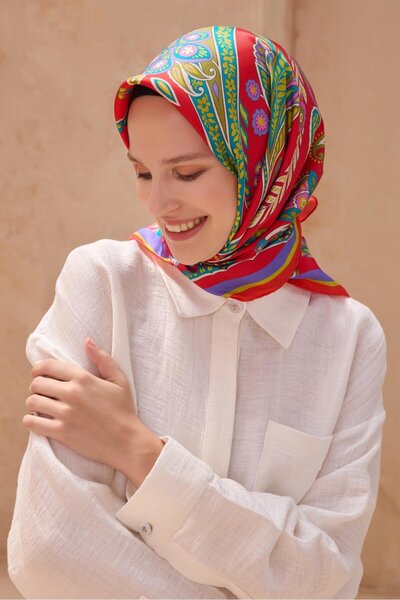 Belli Red Ethnic Pattern Tivil Pure Silk Scarf-Kvs0760