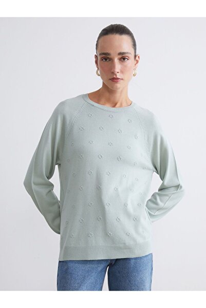 LC Waikiki Lcwaikiki Classic Green Crew Neck Floral Women's Knitwear Sweater