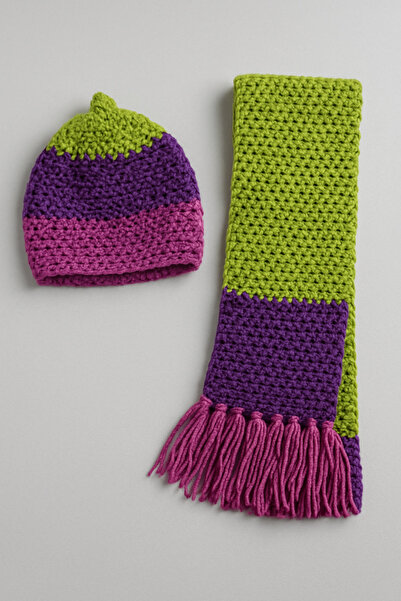 Yalçınoğlu Kids Hand Knitted Wool Children's Scarf Beanie Set |   3-8 Years Old |   Handmade Winter Set |   Warm Holder Winter Set I