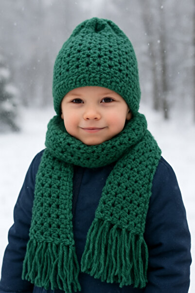 Yalçınoğlu Kids Hand Knitted Wool Children's Scarf Beanie Set |   3-8 Years Old |   Handmade Winter Set |   Warm Holder Winter Set I