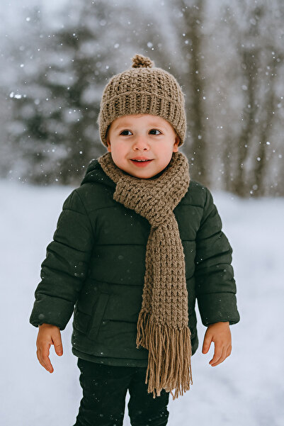 Yalçınoğlu Kids Hand Knitted Wool Children's Scarf Beanie Set |   3-8 Years Old |   Handmade Winter Set |   Warm Holder Winter Set I