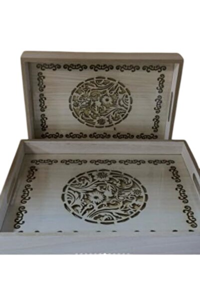 WDA Decorative Wooden Glass Tray Set, White with Floral Design, Set of 2 Serving Trays