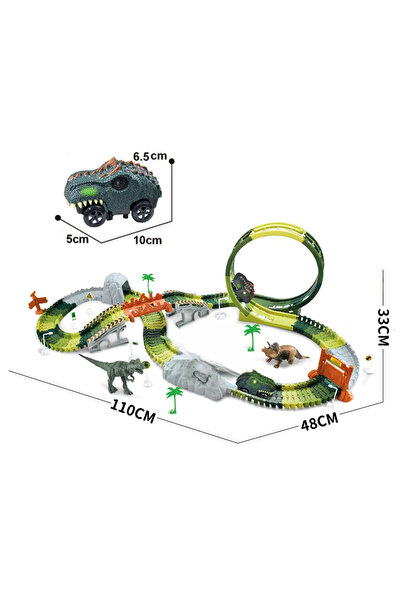 LUDIRO Dino Race Track with Electric Car, 132 Pieces, 2 Dinosaurs, Lights and Sounds, 110x48x23 Cm