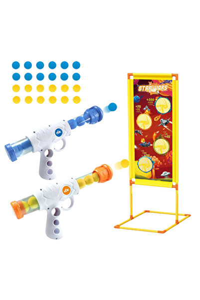 LUDIRO Set of 2 Air Pressure Guns, 24 Foam Balls, 2 Colors, Spaceship Target, 113x41.5x55 Cm