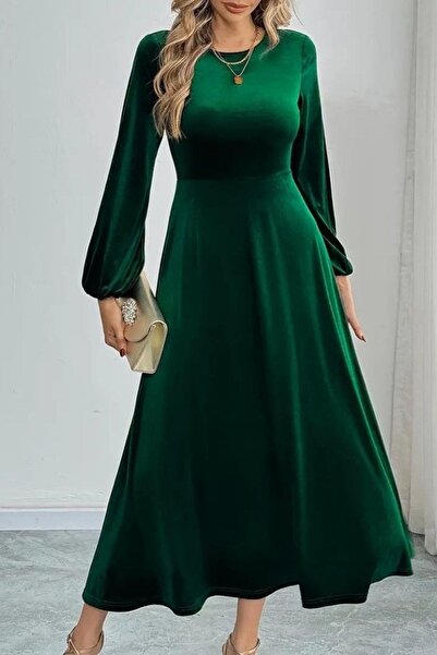 Mossta Round Neck Velvet Fabric Midi Dress - Green