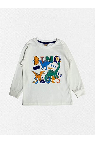 elmas kids Boys' 100% Cotton White Dinosaurs Patterned Long Sleeve Winter Pajama Set