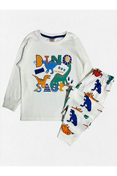 elmas kids Boys' 100% Cotton White Dinosaurs Patterned Long Sleeve Winter Pajama Set