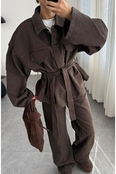 SHILSEE BEUTİQUE Women's Tie-Up Detail Shirt and Pants Denim Set Bitter Brown