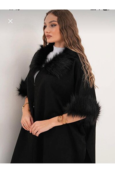 BY AKKAYA Yaka Ve Kol Detaylı Süet 38 - 50 Beden Aralığı Giyilebilen Panço