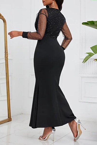 Mossta Double-Breasted Collar Stone and Tulle Detail Imported Crepe - Black