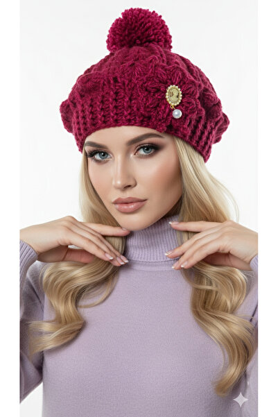 drt tasarım French Beret Burgundy Brooch Decorated