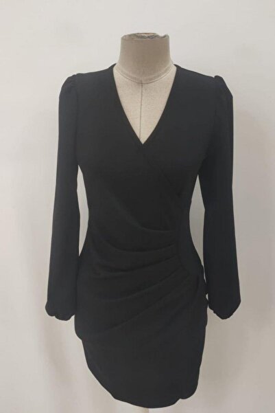 Mossta Double-Breasted Imported Crepe Dress with Gathered Collar - Black