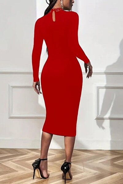 Mossta Mock Neck Stone Drop Detail Midi Evening Dress - Red