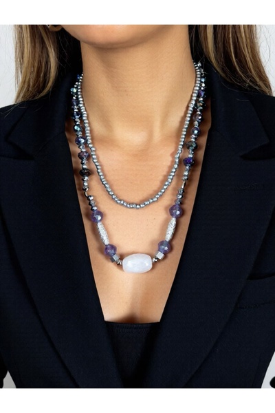 COCOSH TAKI Mor ve gümüş boncuk Detaylı Statement çoklu Kolye – Kadın Modern ...