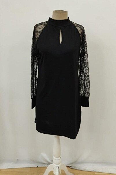 Mossta Lace Detailed Long Sleeve Mini Sandy Dress - Black