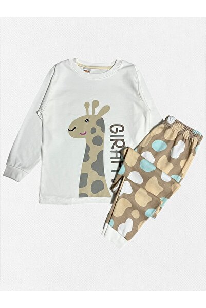 elmas kids Girl's 100% Cotton White Color Giraffe Patterned Long Sleeve Winter Pajama Set