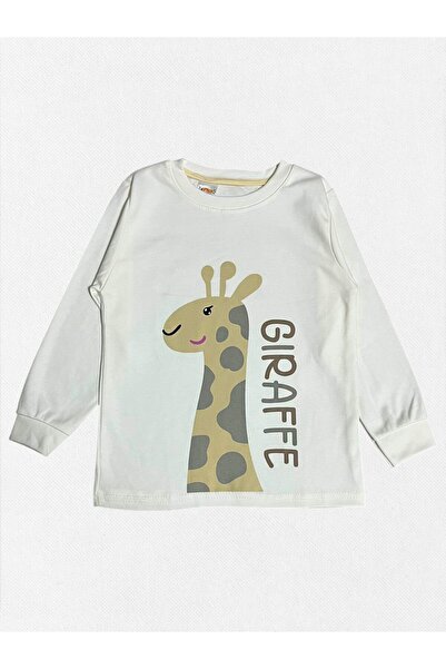 elmas kids Girl's 100% Cotton White Color Giraffe Patterned Long Sleeve Winter Pajama Set
