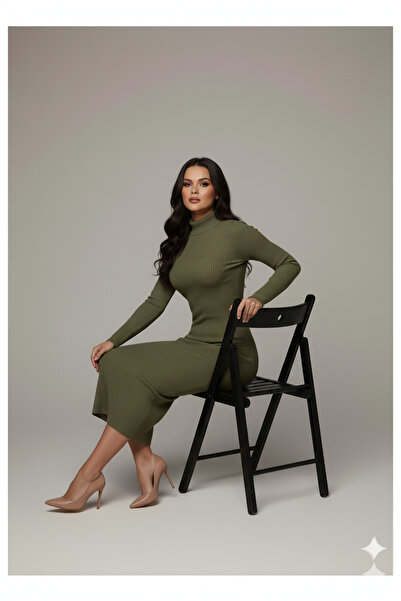 MaxiMor Women's Gray Ribbed Knit Corded Fabric Fabric Mock Neck Pencil Model Dress Height 135 Cm1