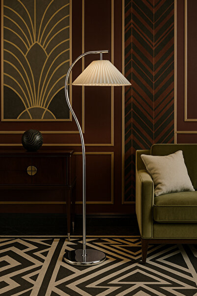 Vinner Plus MontanaX Krem Şapkalı Krom Lambader – Modern Metal Gövde, Lüks Salon Aydınlatması