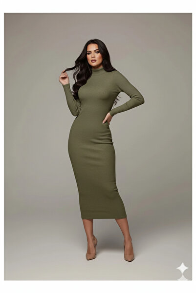 MaxiMor Women's Gray Ribbed Knit Corded Fabric Fabric Mock Neck Pencil Model Dress Height 135 Cm1