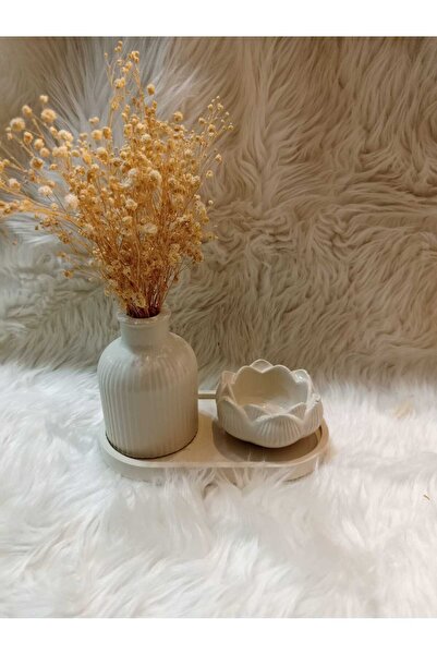 Hobi Trendim Dekoratif Seramik Vazo & Lotus Mini Kase Seti – Kuru Çiçekli, Şı...