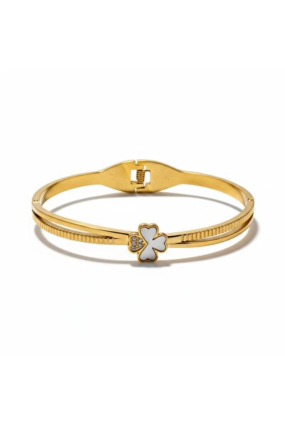 YUSSO ACCESSSORY Kadın Gold Yonca Çelik Kelepçe Bileklik 316L