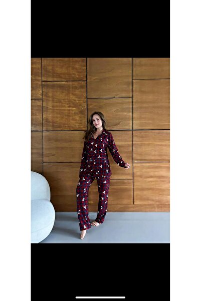 forte bella Women's Patterned Front Buttoned Winter Warm Stylish Pajama Bottoms and Tops Set