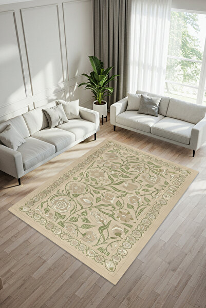 Etnik Dekor Bej Tonlu Sarmaşık Çiçek Desenli Kaymaz Taban Makinede Kolay Yıka...