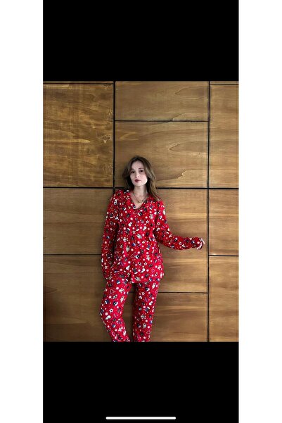 forte bella Women's Patterned Front Buttoned Winter Warm Stylish Pajama Bottoms and Tops Set