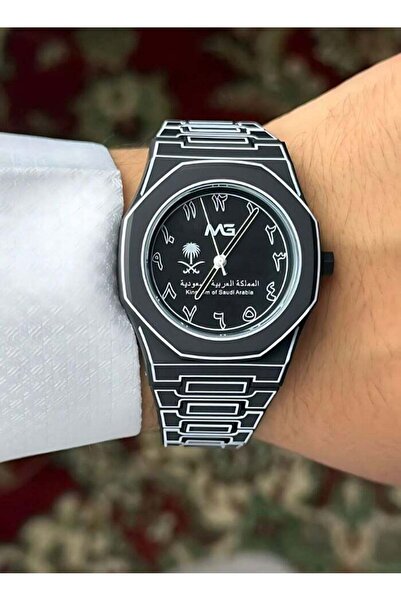 MG ساعة يد رجالية من الكربون, أرقام عربية, لون أسود, نسخة المملكة أنيقة وفخمة.