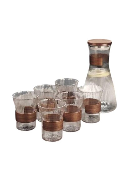 WDA Glass Jug and Cup Set with Wooden Accents, 6 Pieces