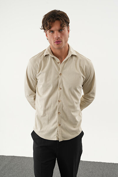 No Way Men's Regular Fit Velvet Striped Long Sleeve Shirt