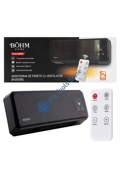 BÖHM Aerotermă cu ventilator de perete cu afișaj și telecomandă BH2000BL, 20–25 m², 1000W-2000W