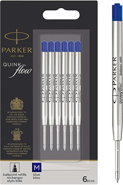 Parker Quink Flow Ballpoint Refills, Medium Tip, Blue, Pack of 6 (2025156)