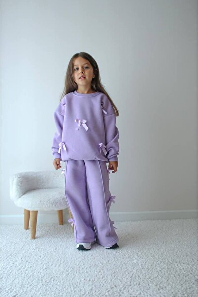 ARBİ kids Girls' Bow Applique Purple Three-Thread Fleece-Lined Winter Soft Suit
