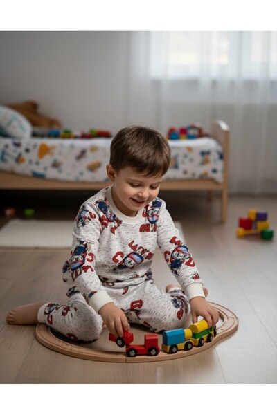 Arya Nisa Kids SET DE PIZAMĂ PENTRU BĂIEȚI cu căptușeală din fleece BUMBAC ROȘU ALB
