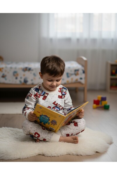Arya Nisa Kids SET DE PIZAMĂ PENTRU BĂIEȚI cu căptușeală din fleece BUMBAC ROȘU ALB